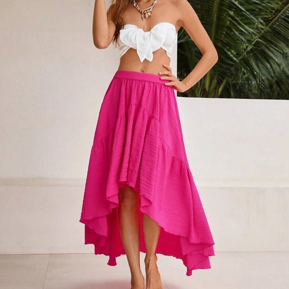 Pink Boho Womens Solid High Low Ruffle Hem Skirt - Picture 4 of 5